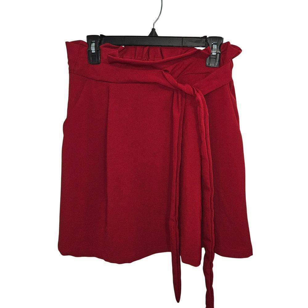 Red Paperbag Waist Tie Front Side Pockets Elastic High Waist Mini Skirt Size M